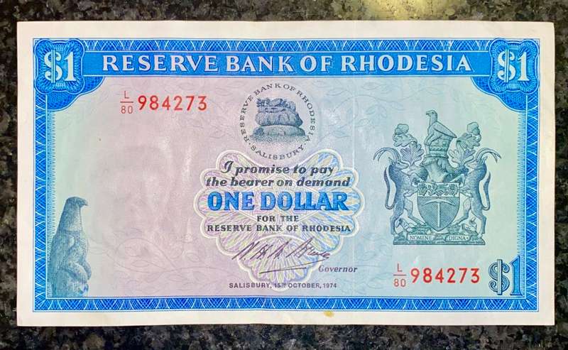 RHODESIA 1 DOLLARS 1974 C.J RHODES WTM L/80