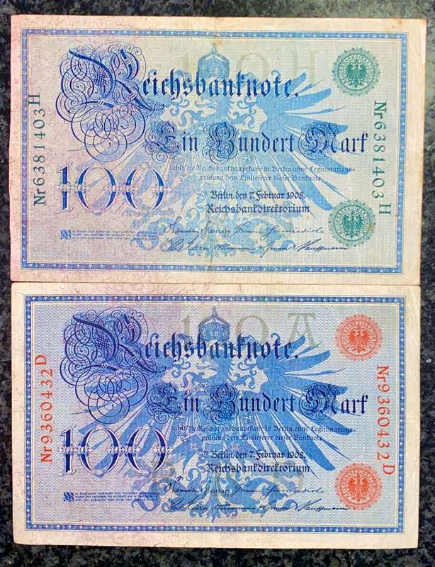 GERMANY 100 MARK 1908 GREEN SEAL & RED SEAL BIG NOTS (1 BID TAKES ALL)