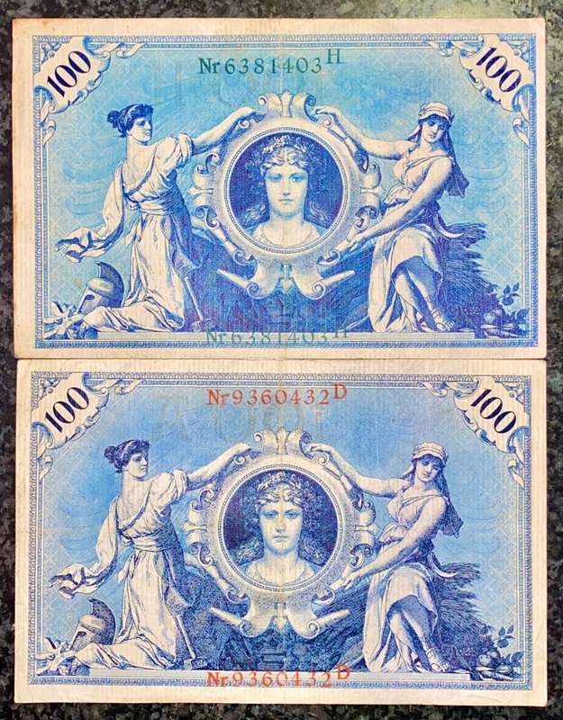 GERMANY 100 MARK 1908 GREEN SEAL & RED SEAL BIG NOTS (1 BID TAKES ALL)