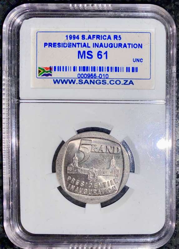 SOUTH AFRICA GRADED COMMEMORATIVE R5 PRESIDENTIAL INAUGURATION GRADED MS61 SANGS