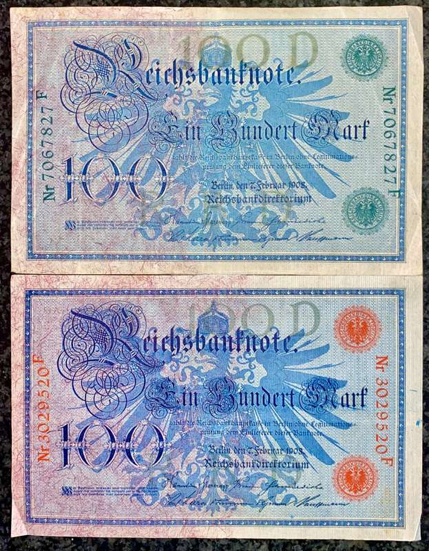 GERMANY 100 MARK 1908 GREEN SEAL & RED SEAL BIG NOTS (1 BID TAKES ALL)