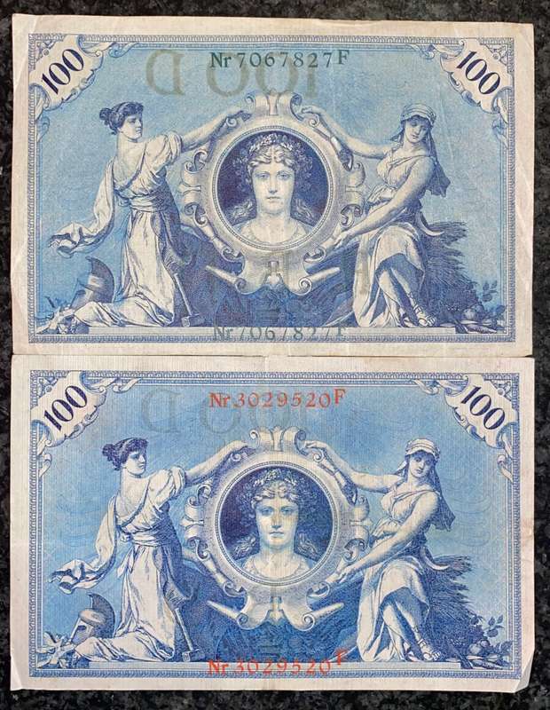 GERMANY 100 MARK 1908 GREEN SEAL & RED SEAL BIG NOTS (1 BID TAKES ALL)