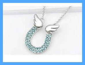 GLOWING BLUE CRYSTAL WINGED HORSE-SHOE PENDANT & CHAIN