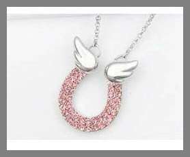VIBRANT PINK AUSTRIA CRYSTAL WINGED HORSE-SHOE PENDANT & CHAIN