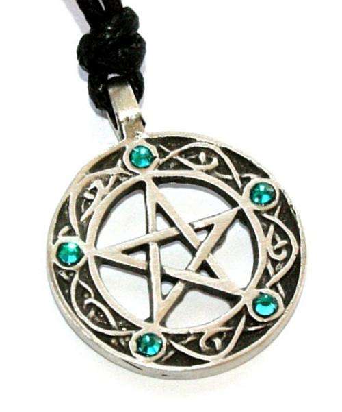 5 CRYSTAL SOLID PEWTER PENTAGRAM PENDANT WITH BLACK CORD NECKLACE