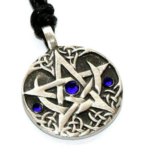 3 CRYSTAL SOLID PEWTER CRESCENT MOON PENTAGRAM PENDANT WITH BLACK CORD NECKLACE