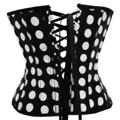 BLACK WITH WHITE POLKA DOTS CORSET AND MATCHING G-STRING