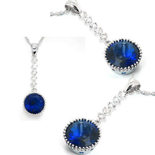 ROUND CUT BLUE SAPPHIRE 18K WGP PENDANT AND CHAIN