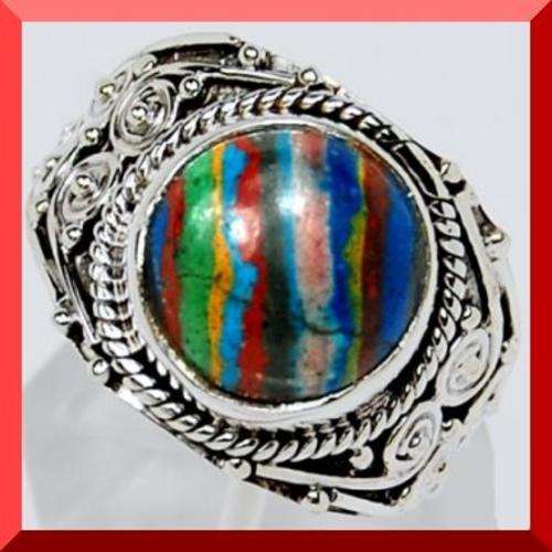 RAINBOW CALSILICA SOLID 925 STERLING SILVER RING - SIZE : 9