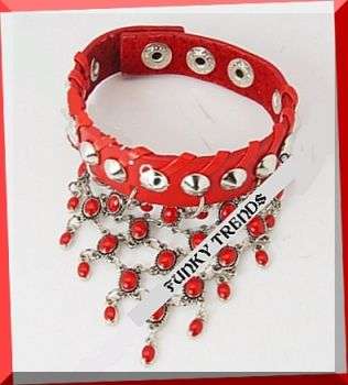 FIERY RED GENUINE LEATHER STUDDED STRAP BRACELET