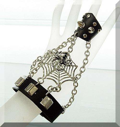 *GOTH ROCK* -GENUINE LEATHER STUDDED SPIDER BRACELET & FINGER STRAP
