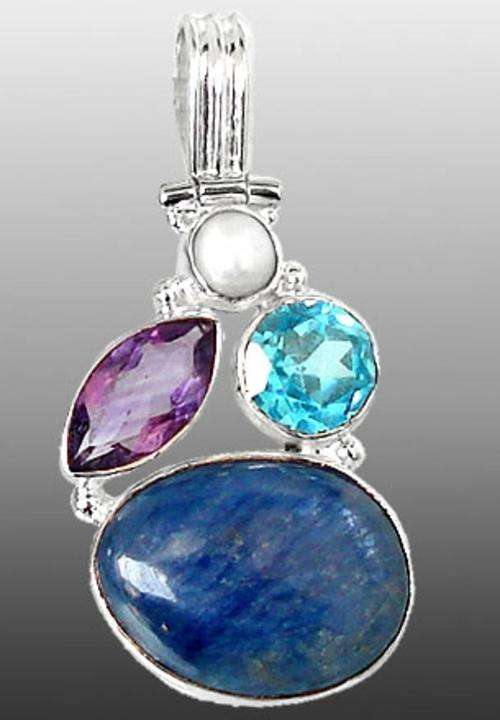 SOLID 925 STERLING SILVER BLUE KYANITE AMETHYST PEARL PENDANT
