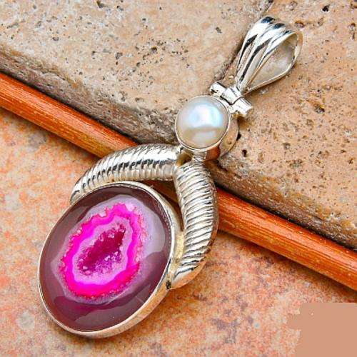*R1* - SOLID 925 STERLING SILVER PINK GEODE, PEARL PENDANT