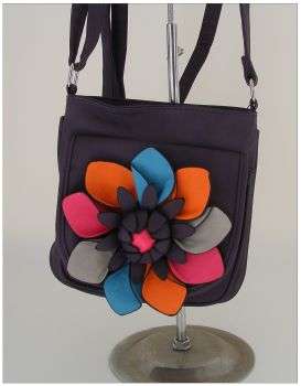 PURPLE HANDBAG WITH 3D FLOWER AND SHOULDER STRAP