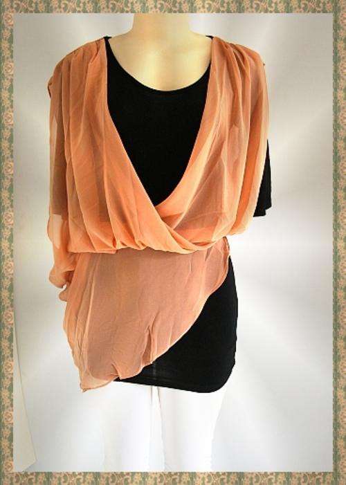 ELEGANT CHIFFON DRAPED BLACK T-SHIRT - SIZE: S / M