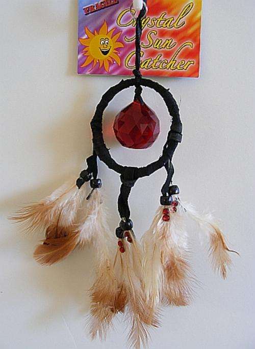 RED CRYSTAL AND BLACK LEATHER SUNCATCHER WITH FEATHERS