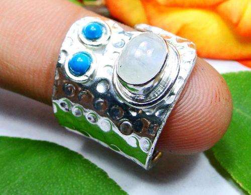 MOONSTONE AND TURQUOISE 925 STERLING SILVER OVERLAY RING - SIZE: 7 ADJUSTABLE