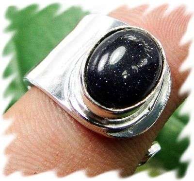 AWESOME BLACK GOLDSTONE 925 STERLING SILVER OVERLAY RING - SIZE: 7.5 ADJUSTABLE