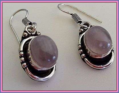 PRETTY SILVER ROSE QUARTZ GEMSTONE EARRINGS