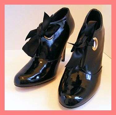 SIZE: 8 - FUNKY PATENT LEATHER RIBBON TIE BLACK ANKLE BOOTS BY ZOOM