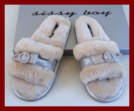 SISSY BOY CREAM FUR SLIPPERS - SIZE: MEDIUM