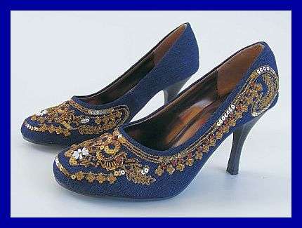 SIZE: 7 - DAZZLE IN THESE BLUE DENIM HEELS DECORATED WITH BEADS AND SEQUINS BY ZOOM