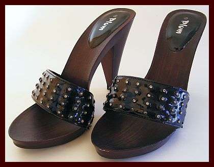GET READY FOR SUMMER AND SPARKLE IN THESE BLACK WITH DIAMANTE SLIP ON HEELS BY PLUM - SIZE 5