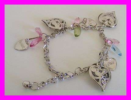 CUTE FASHION CHARM BRACELET WITH HEARTS AND PINK / BLUE / GREEN CRYSTALS