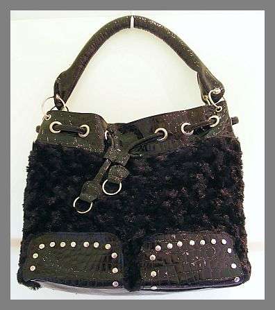 GORGEOUS BLACK SOFT FAUX FUR AND CROC LARGE HANDBAG