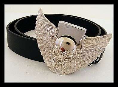 BLACK BELT WITH WINGED SKULL LIGHTER BUCKLE - 110CM