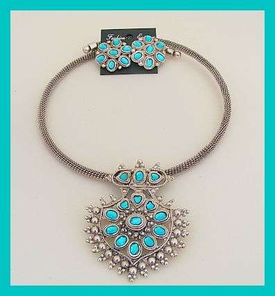 *R1* - TBETAN SILVER NECKLACE & EARRING SET WITH TURQUOISE STONES
