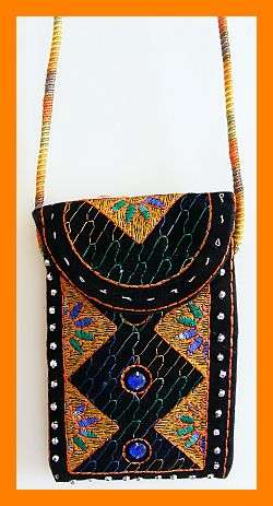 BLACK VELVET EMBROIDERED BEADED CELLPHONE BAG