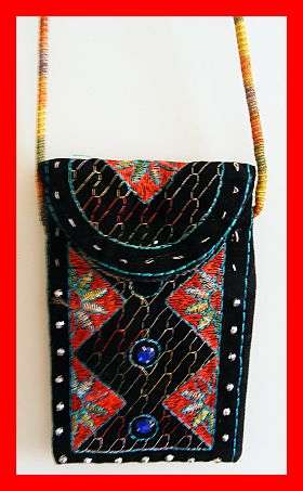 BLACK VELVET EMBROIDERED BEADED CELLPHONE BAG