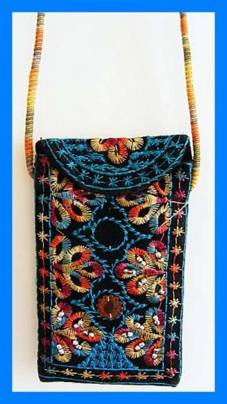 BLACK VELVET EMBROIDERED BEADED CELLPHONE BAG