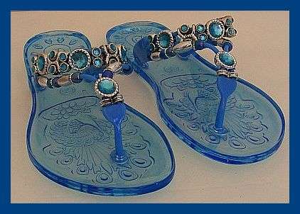 BEAUTIFUL BLUE BEADED JELLY SLOPS - SIZE: 7