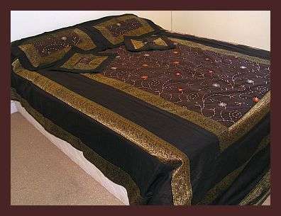 *R1* - HANDMADE EMBROIDERED RAW SILK 5 PIECE BEDCOVER SET SEQUINED BROWN - QUEEN SIZE