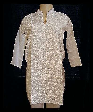 SIZE: MEDIUM - GLAMOROUS WHITE EMBROIDERED PEARL BEADED LONG SHIRT