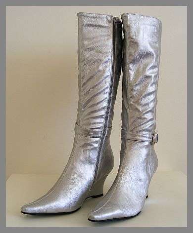 SIZE: 5 - SILVER WEDGE HEEL LONG BOOTS FROM TATAZI