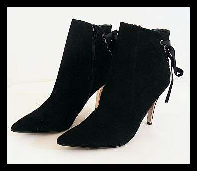 SIZE: 7 - BLACK SUEDE ANKLE BOOTS WITH RIBBON LACES & SILVER HEEL DETAIL FROM LUELLA
