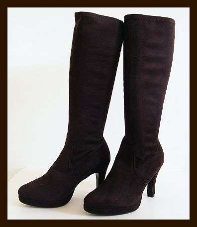 SIZE: 7 - BROWN SUEDE STRETCH PLATFORM BOOTS FROM WOOLWORTHS