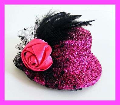 SUPER CUTE PINK GLITTER MINI HAT WITH ROSE & LACE DETAIL