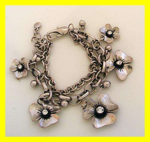 TIBETAN SILVER FLOWER DOUBLE CHAIN CHARM BRACELET WITH CLEAR CRYSTALS (Nickel Free)