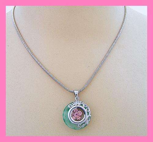JADE AND PINK CRYSTAL SPINNING PENDANT & CHAIN