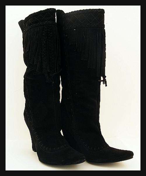 SIZE: 6 - BLACK TASSELLED HIGH WEDGE HEEL BOOTS