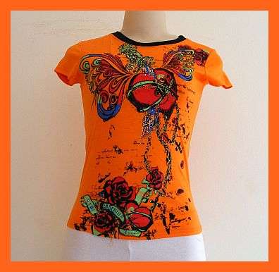 SIZE: X-SMALL - RHINESTONE DETAIL ORANGE T-SHIRT