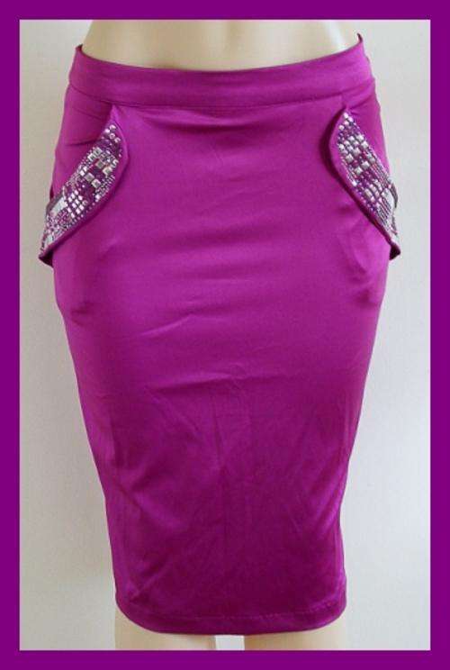 SIZE: 34 - FUSCHA STRETCH SATIN SKIRT WITH RHINESTONE DETAIL ON POCKETS