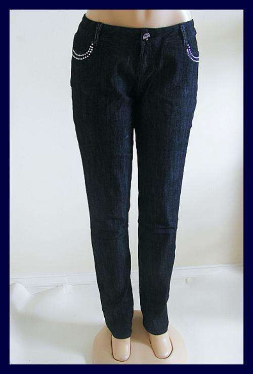 SIZE: 38 - DARK DENIM STRETCH JEANS WITH RHINESTONE DETAIL