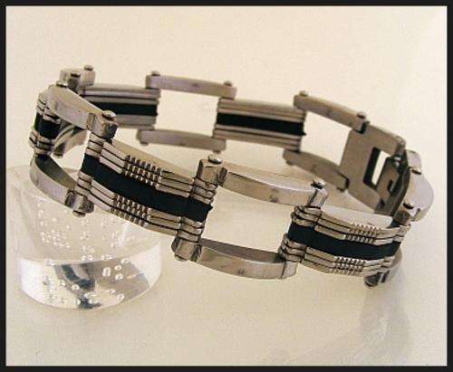 *R1* - MENS STAINLESS STEEL AND BLACK RUBBER BRACELET