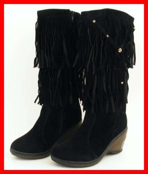 SIZE: 7 - BOHEMIAN BLACK FRINGED WEDGE HEEL BOOTS