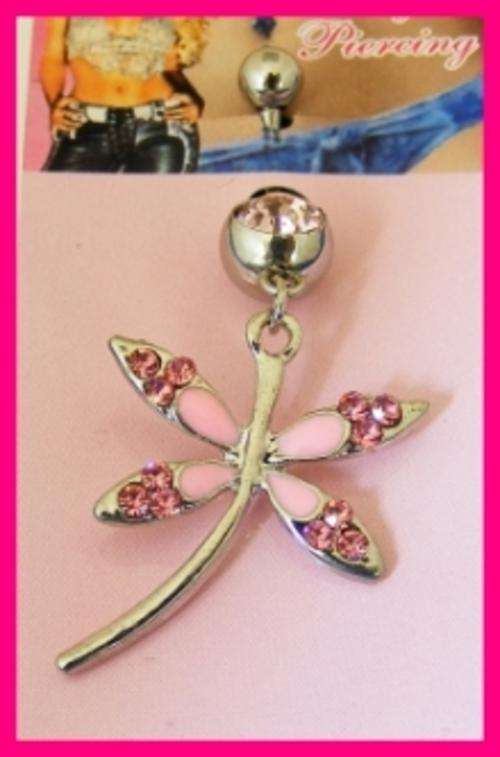 PINK CRYSTAL DRAGONFLY BELLY RING - SURGICAL STEEL